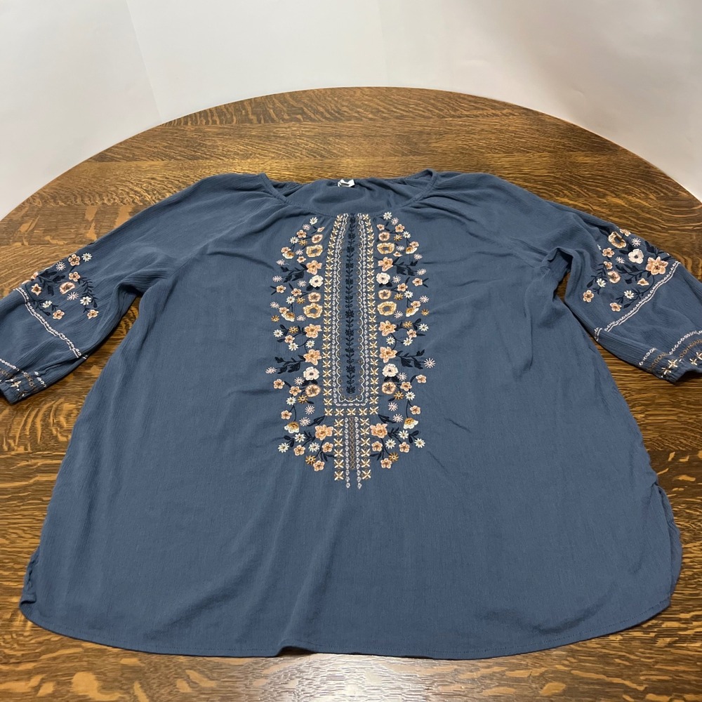 J. Jill Blouse Women XL Blue Floral Embroidered Cotton Rayon 3/4 Sleeve 247671